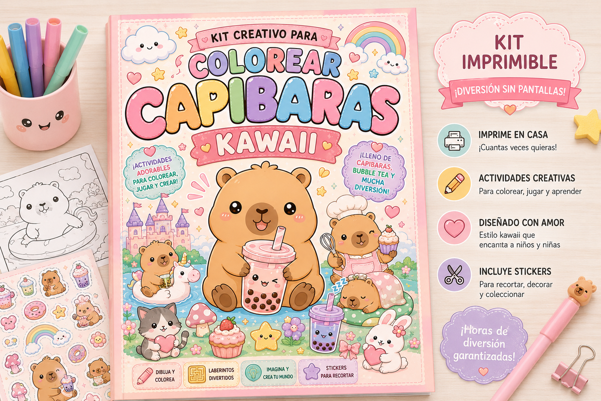 Kit Imprimible Capibaras Kawaii | Libro de Actividades y Colorear para Niñ@s